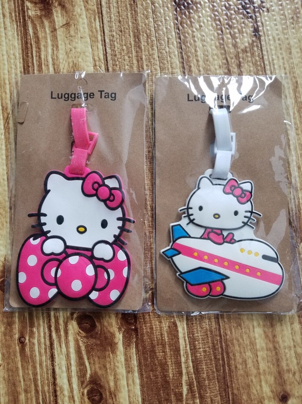 Hello Kitty Kids Luggage Tags in Pink, White and Blue Airplane Bow Sanrio